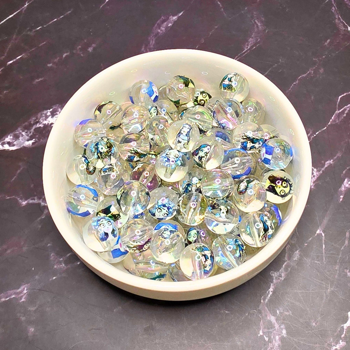 Corpse Bride Beads 16mm – Set of 10 | Transparent Round Acrylic Beads | Gothic Halloween Beads | Spooky Character Craft Supplies
