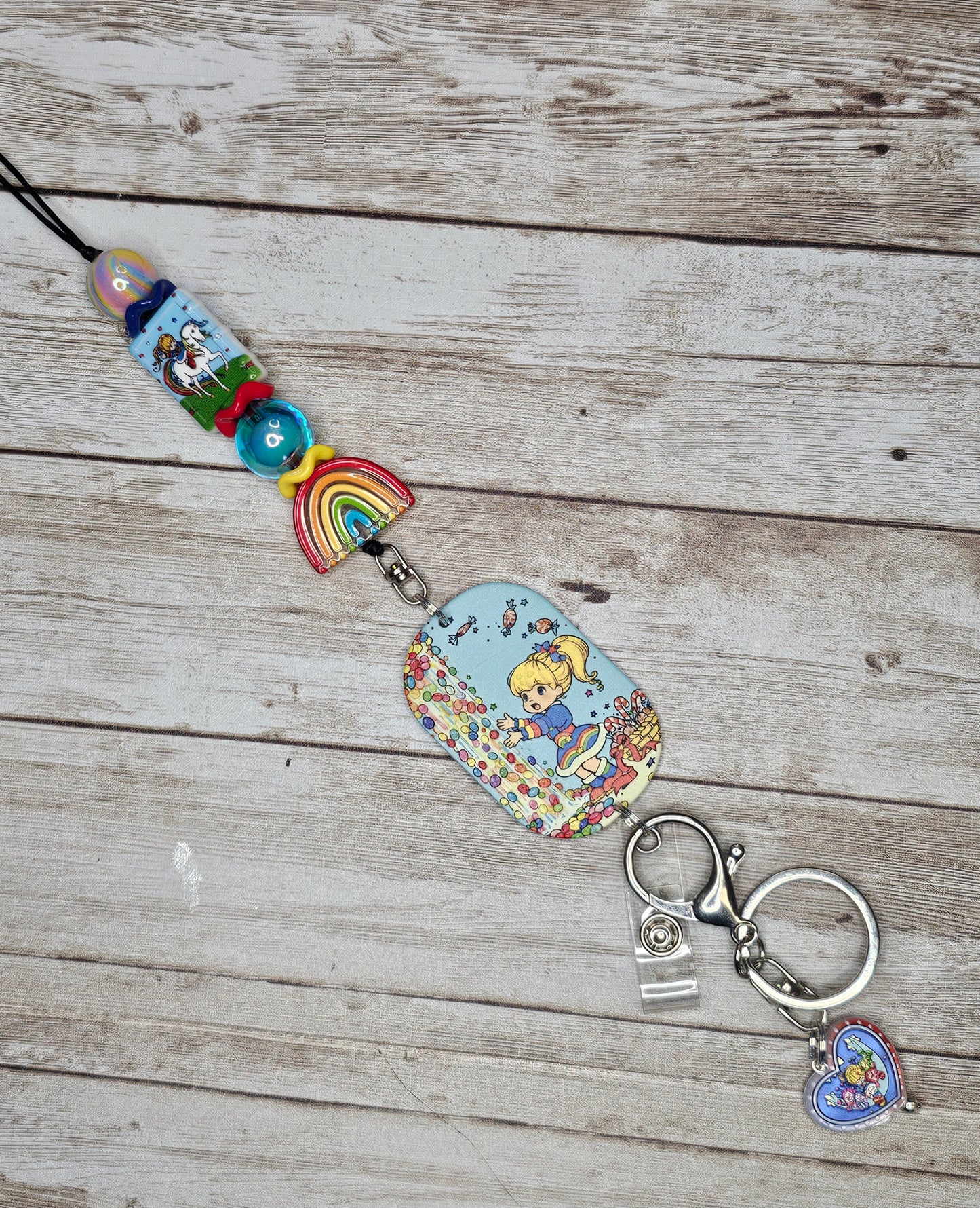 Rainbow Brite Inspired Beaded Lanyard, Retro Cartoon Badge Holder, Kawaii ID Badge Lanyard, Rainbow Keychain, Handmade Office Accessory, 80s Fan Gift