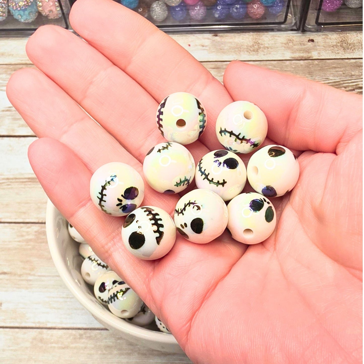 Jack Skellington Face Beads 16mm Round – Set of 10 White Halloween Skull Beads, Spooky Character Beads for Pens & Crafts