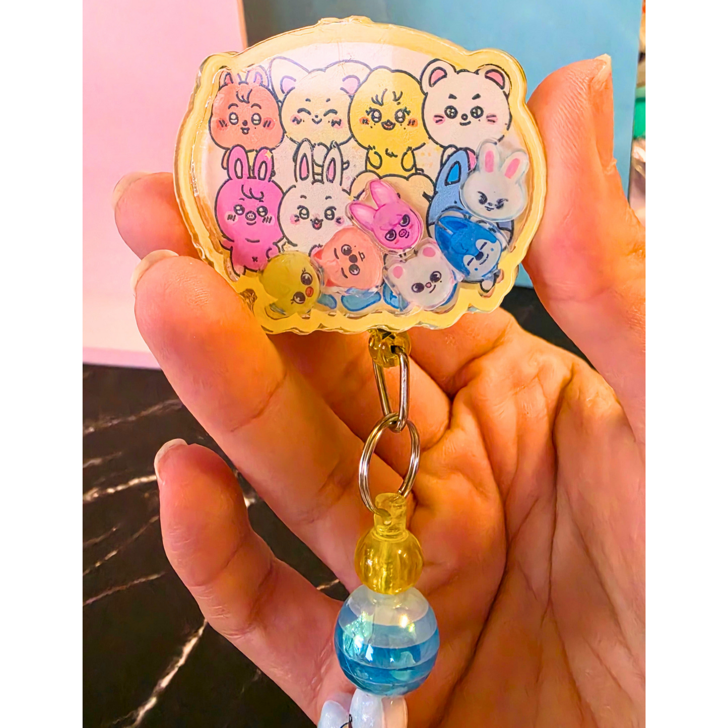 Yellow SKZOO Beaded Badge Reel with Shaker Acrylic Flatback | Stray Kids Inspired Kpop Badge Holder | Cute Kawaii Retractable ID Reel