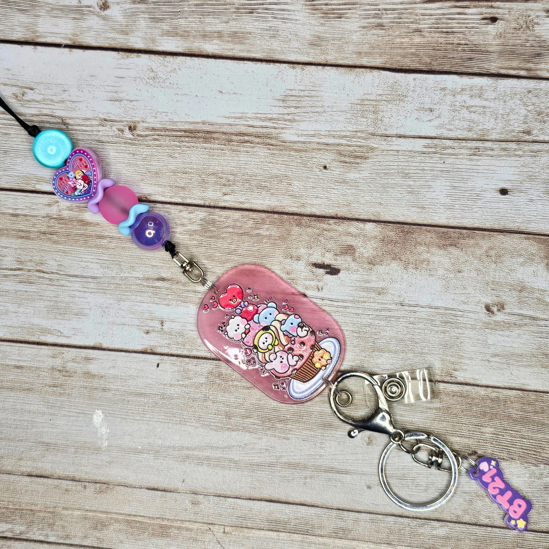 BT21 Inspired Beaded Lanyard, Kawaii Badge Holder, K-Pop ID Badge Lanyard, Cute Handmade Fandom Keychain, Pastel Anime Office Accessory, ARMY Gift