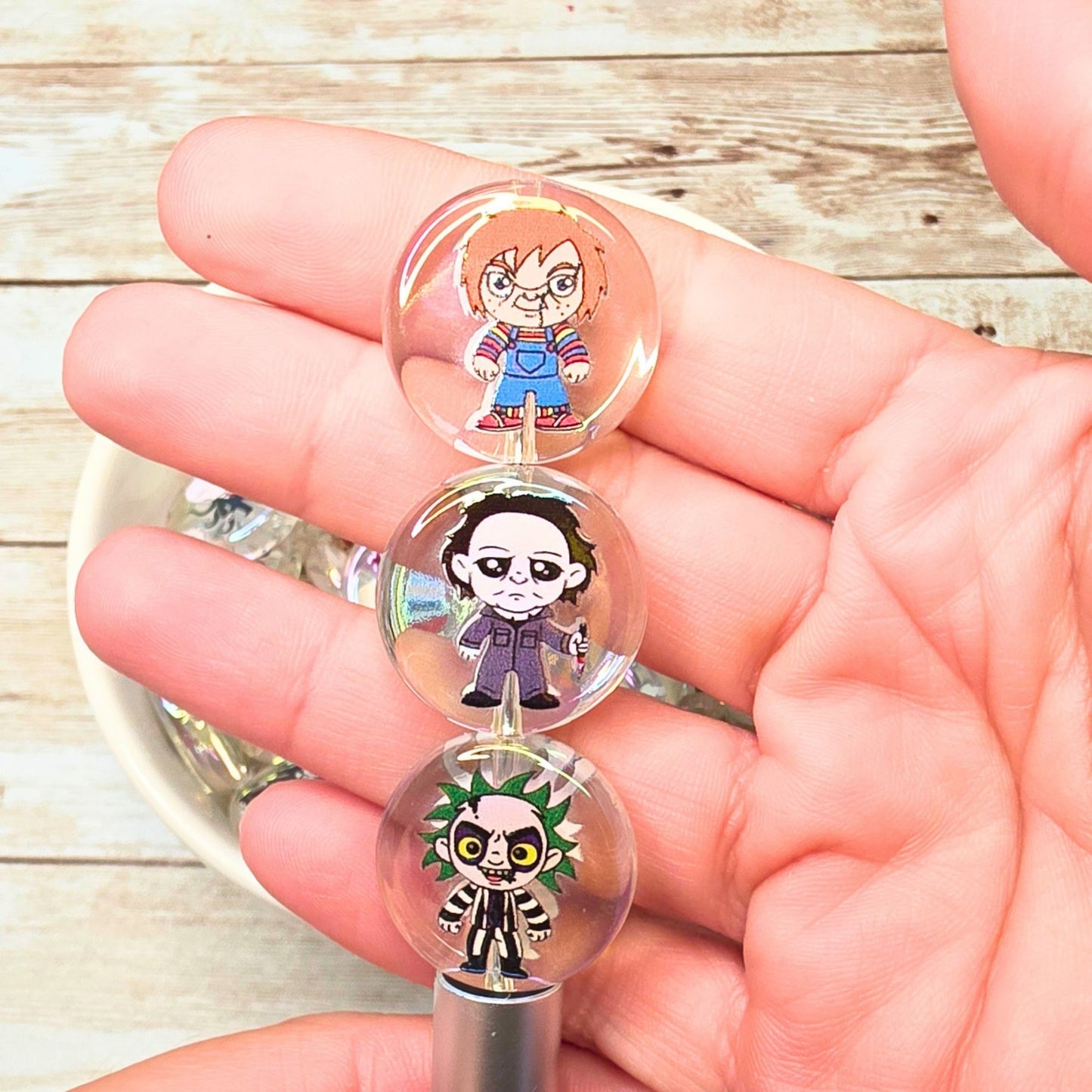 Horror Character Coin Beads – Set of 10 Clear Halloween Beads – Scream, Jason & Spooky Character Beads for Pens, Keychains & Crafts