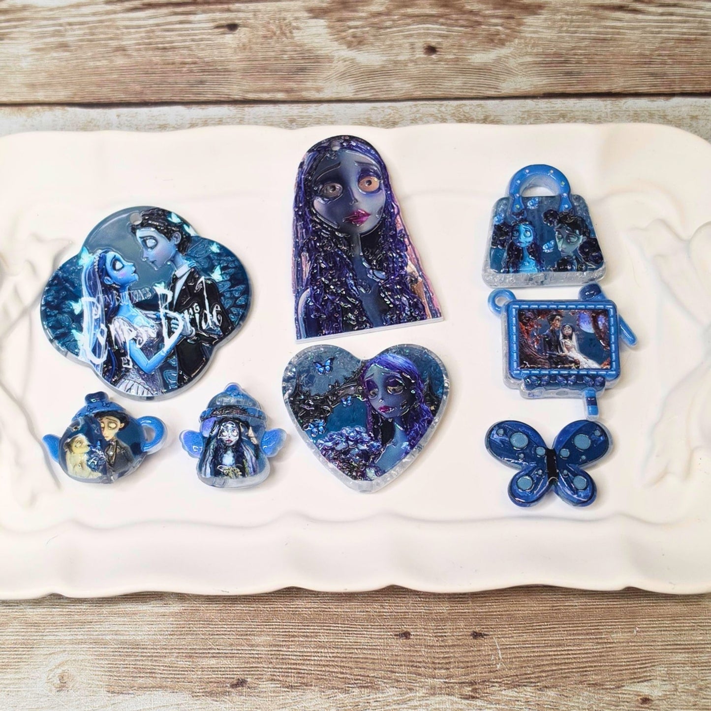 Dead Bride Beads Set of 10 – Gothic Halloween Focal Beads, Blue Bride & Groom Mixed Beads, Spooky Craft Beads for Pens & Jewelry