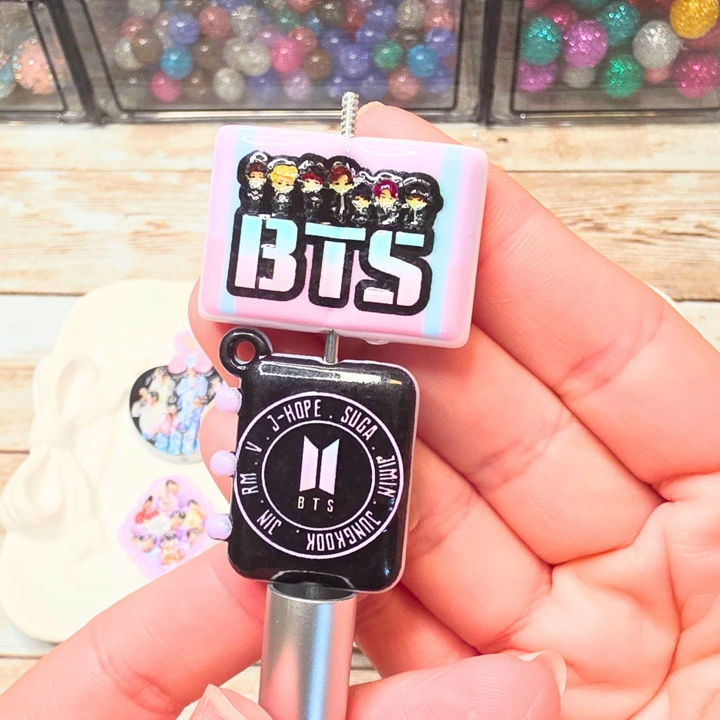 BTS Beads Set of 10 – K-Pop Acrylic Focal Beads, BTS Inspired Craft Beads, Kpop Jewelry Making Supplies, Pen & Keychain Beads