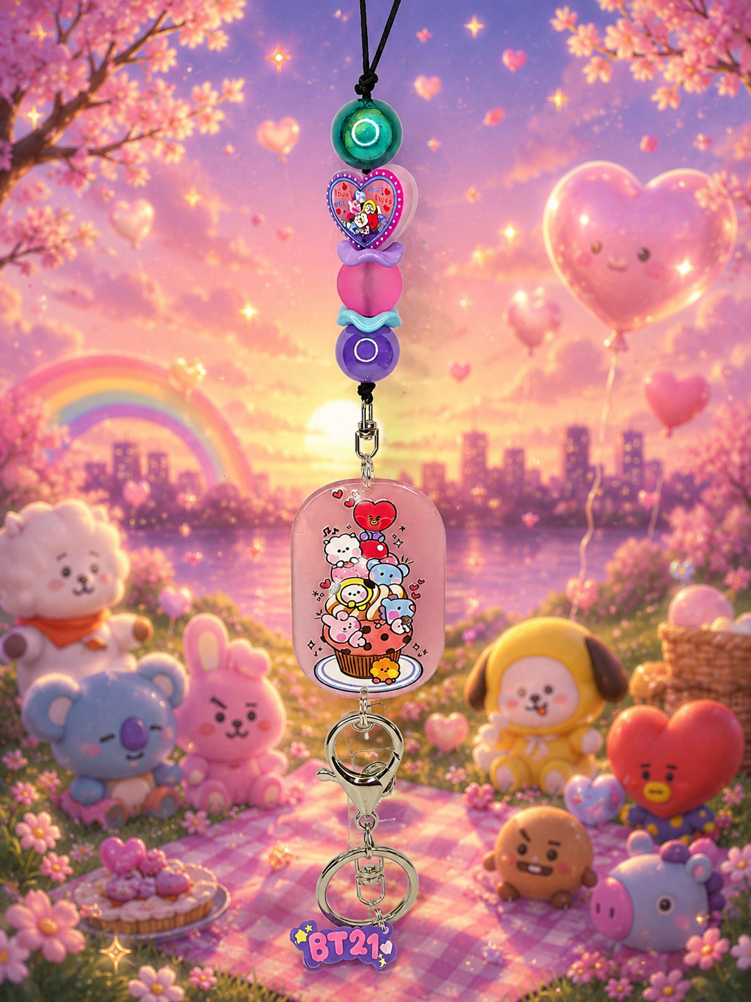 BT21 Inspired Beaded Lanyard, Kawaii Badge Holder, K-Pop ID Badge Lanyard, Cute Handmade Fandom Keychain, Pastel Anime Office Accessory, ARMY Gift
