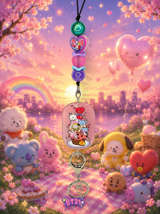 BT21 Inspired Beaded Lanyard, Kawaii Badge Holder, K-Pop ID Badge Lanyard, Cute Handmade Fandom Keychain, Pastel Anime Office Accessory, ARMY Gift
