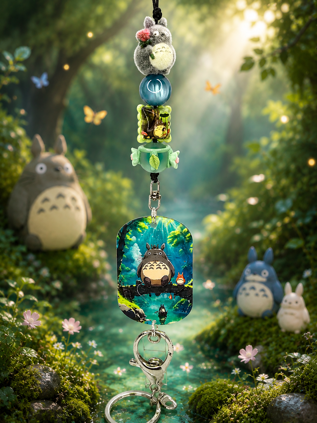 Totoro Inspired Beaded Lanyard, Anime Badge Holder, Kawaii ID Badge Lanyard, Forest Spirit Keychain, Handmade Office Accessory, Studio Ghibli Inspired Gift