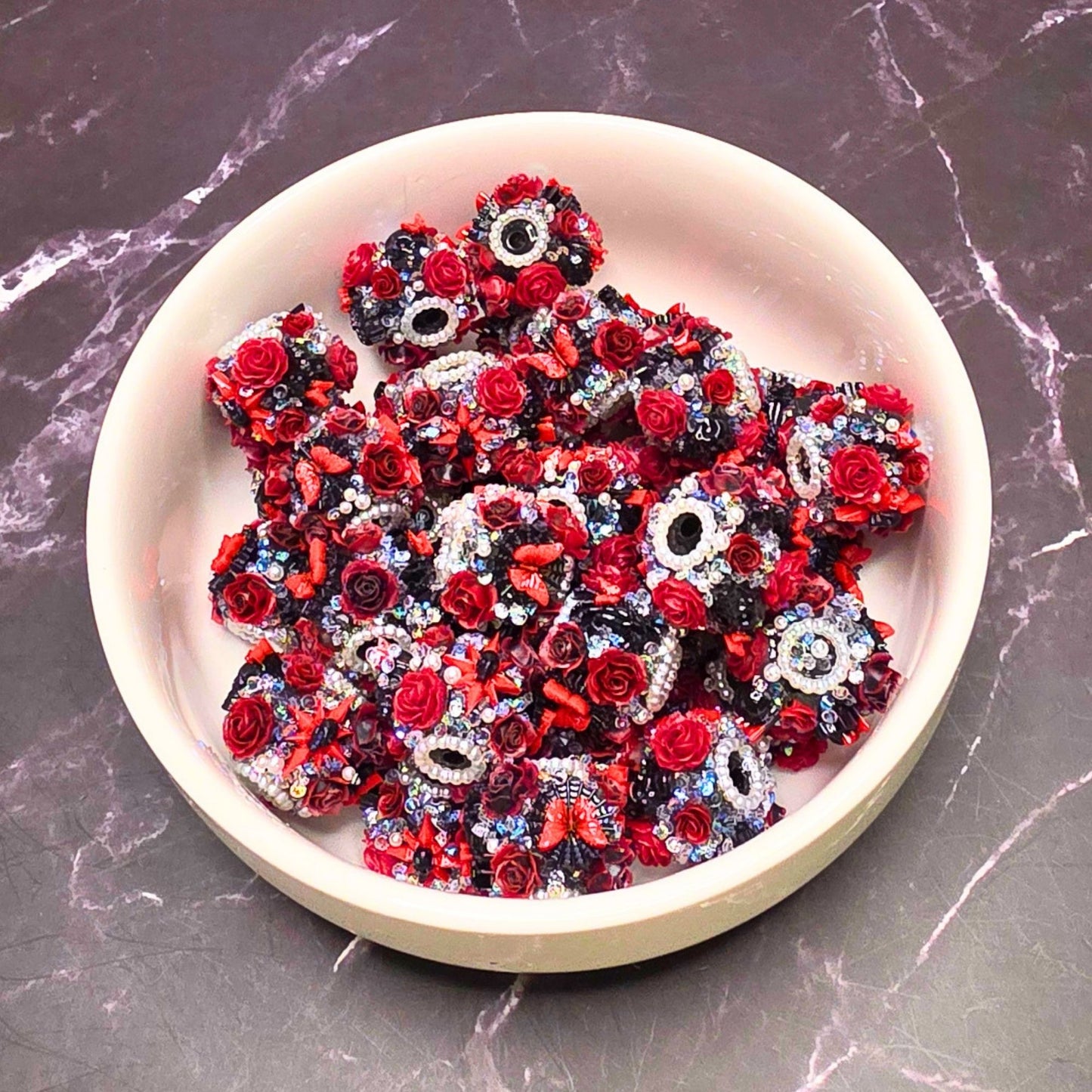 Gothic Rose Beads – Set of 5 | Dark Red & Black Floral Rhinestone Beads | Pearl Crystal Victorian Goth Beads | Luxury DIY Craft Supplies