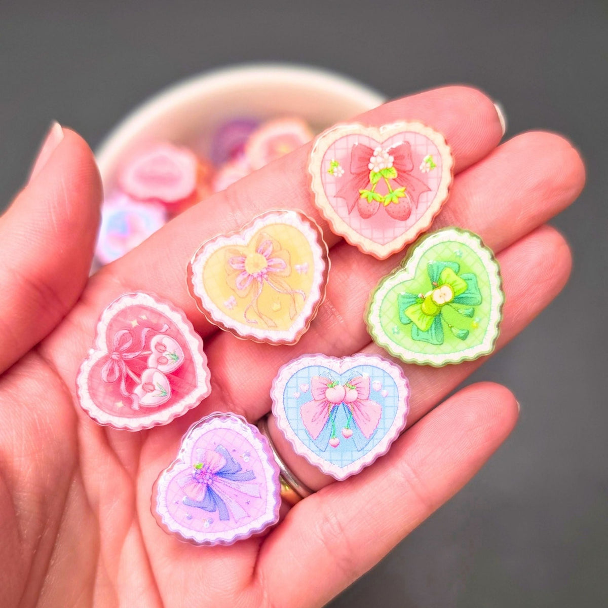 Pastel Heart Acrylic Focal Beads Set of 6 | Coquette Bow & Fruit Beads | Kawaii Heart Beads | Cute Beads for Pens, Keychains & Crafts
