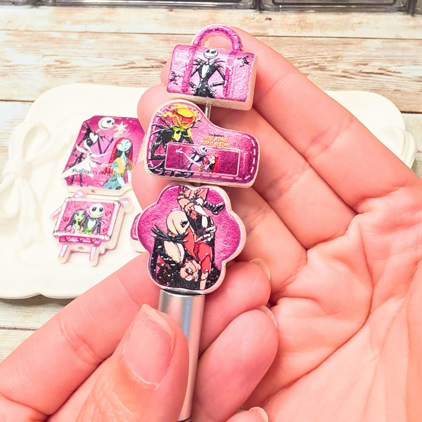 Nightmare Before Christmas Beads Set of 10 – Jack & Sally Pink Focal Beads, Halloween Christmas Beads, Spooky Craft & Beaded Pen Supplies