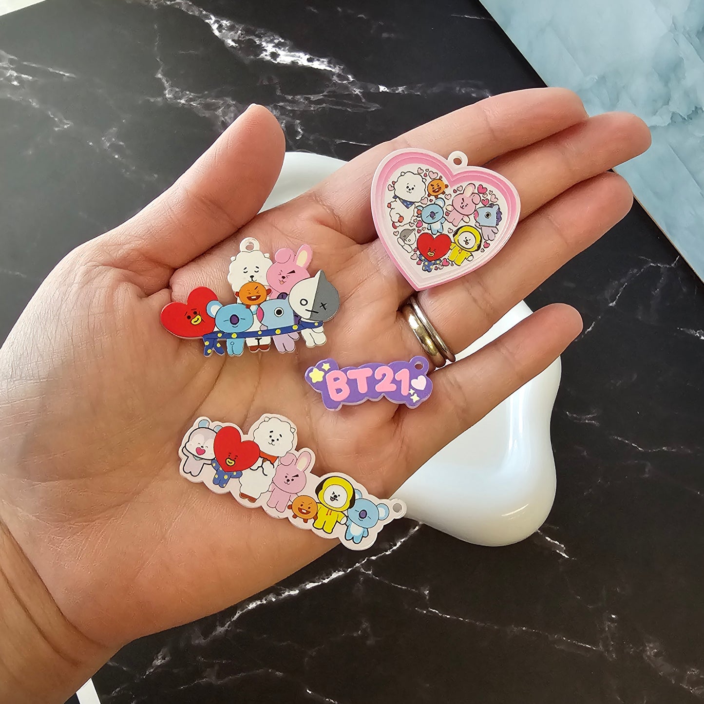 BT21 Inspired Acrylic Charm Set of 8 | Kawaii K-Pop Character Charms | DIY Beading Supplies for Pens, Keychains, Bag Charms & Phone Charms