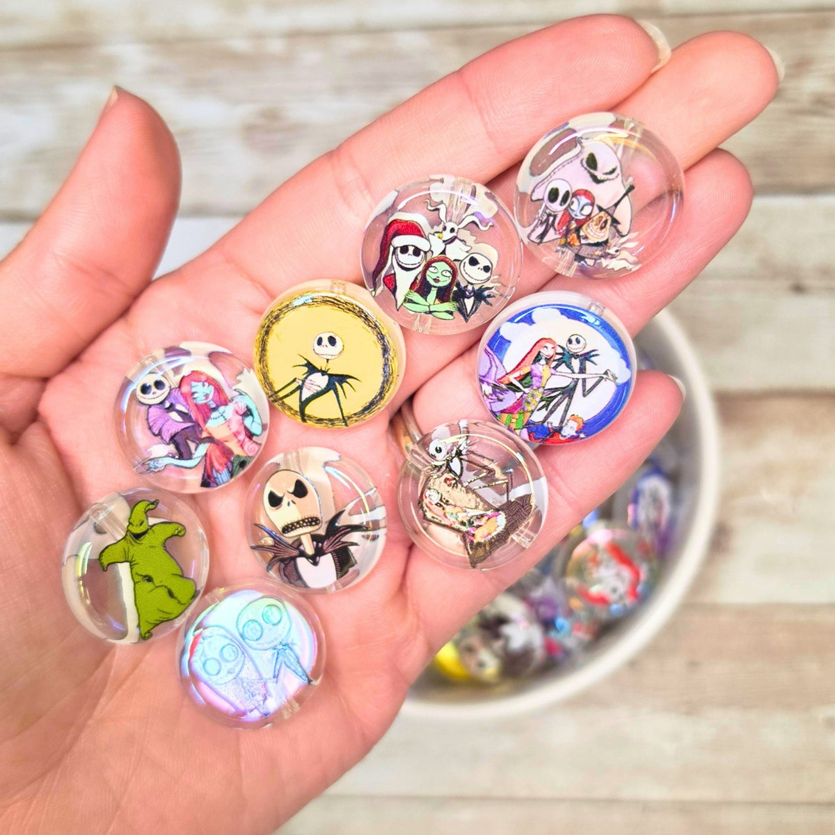 Nightmare Before Christmas Coin Beads – Set of 10 Jack Skellington & Sally Acrylic Beads – Halloween Christmas Beads for Pens, Keychains & Crafts