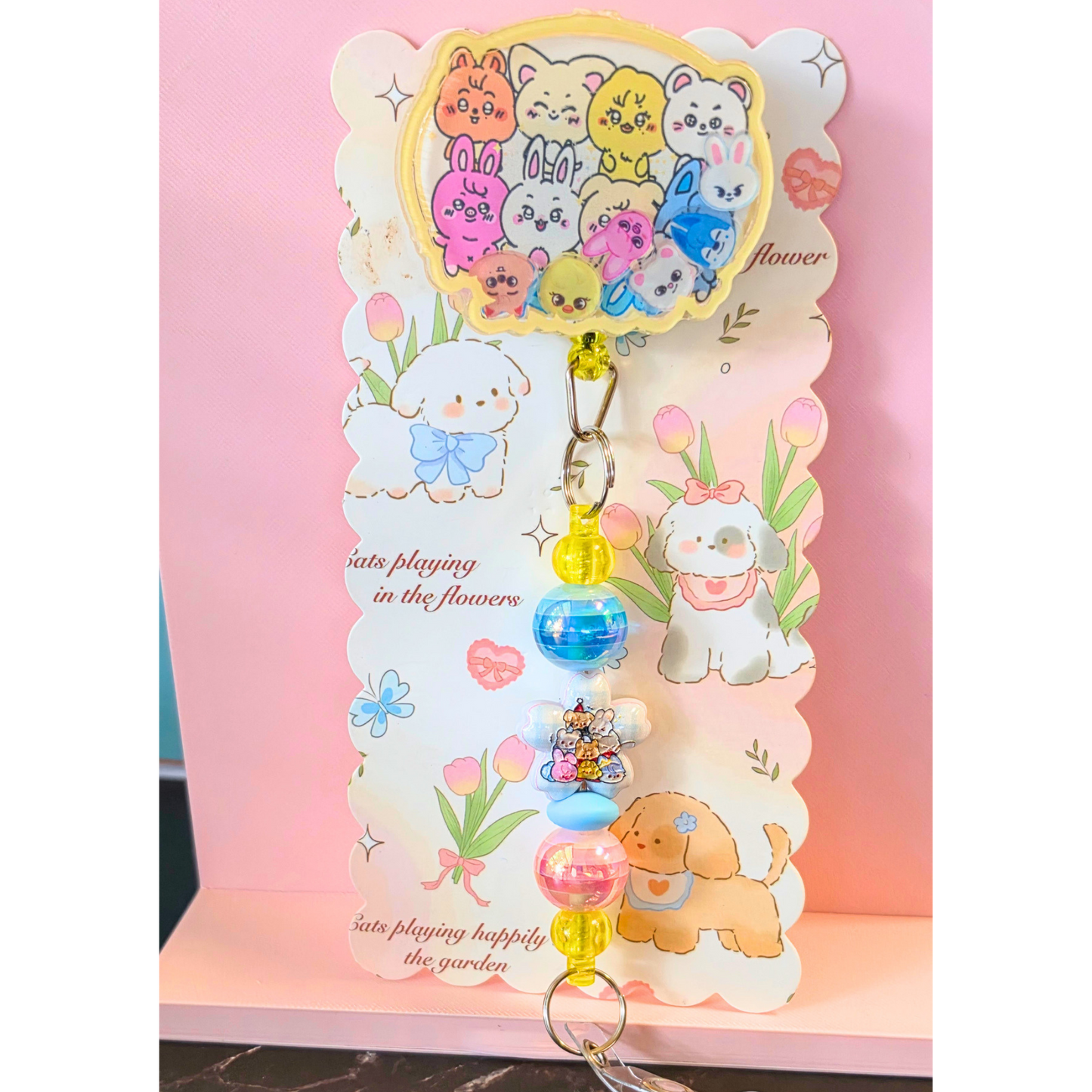 Yellow SKZOO Beaded Badge Reel with Shaker Acrylic Flatback | Stray Kids Inspired Kpop Badge Holder | Cute Kawaii Retractable ID Reel