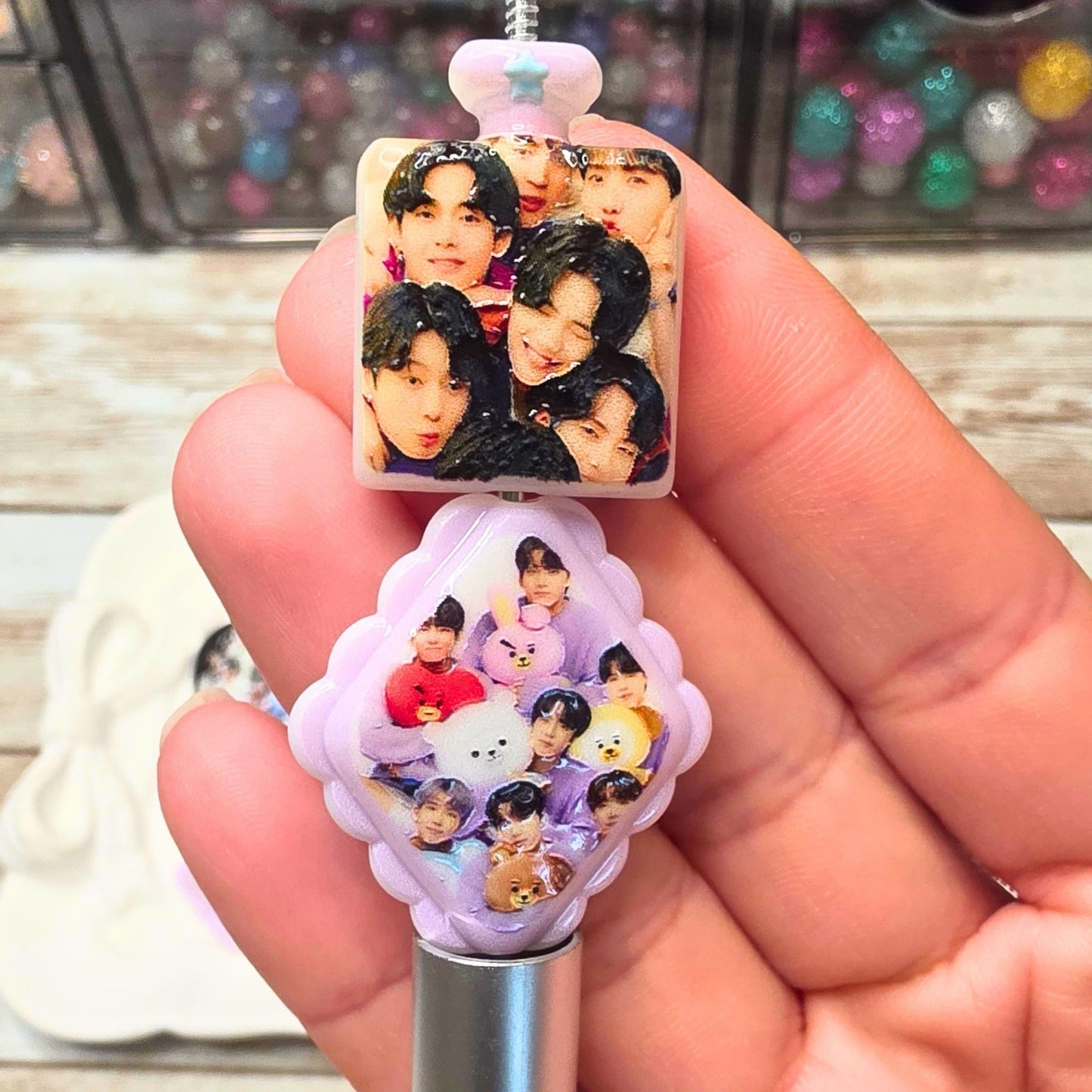 BTS Beads Set of 10 – K-Pop Acrylic Focal Beads, BTS Inspired Craft Beads, Kpop Jewelry Making Supplies, Pen & Keychain Beads