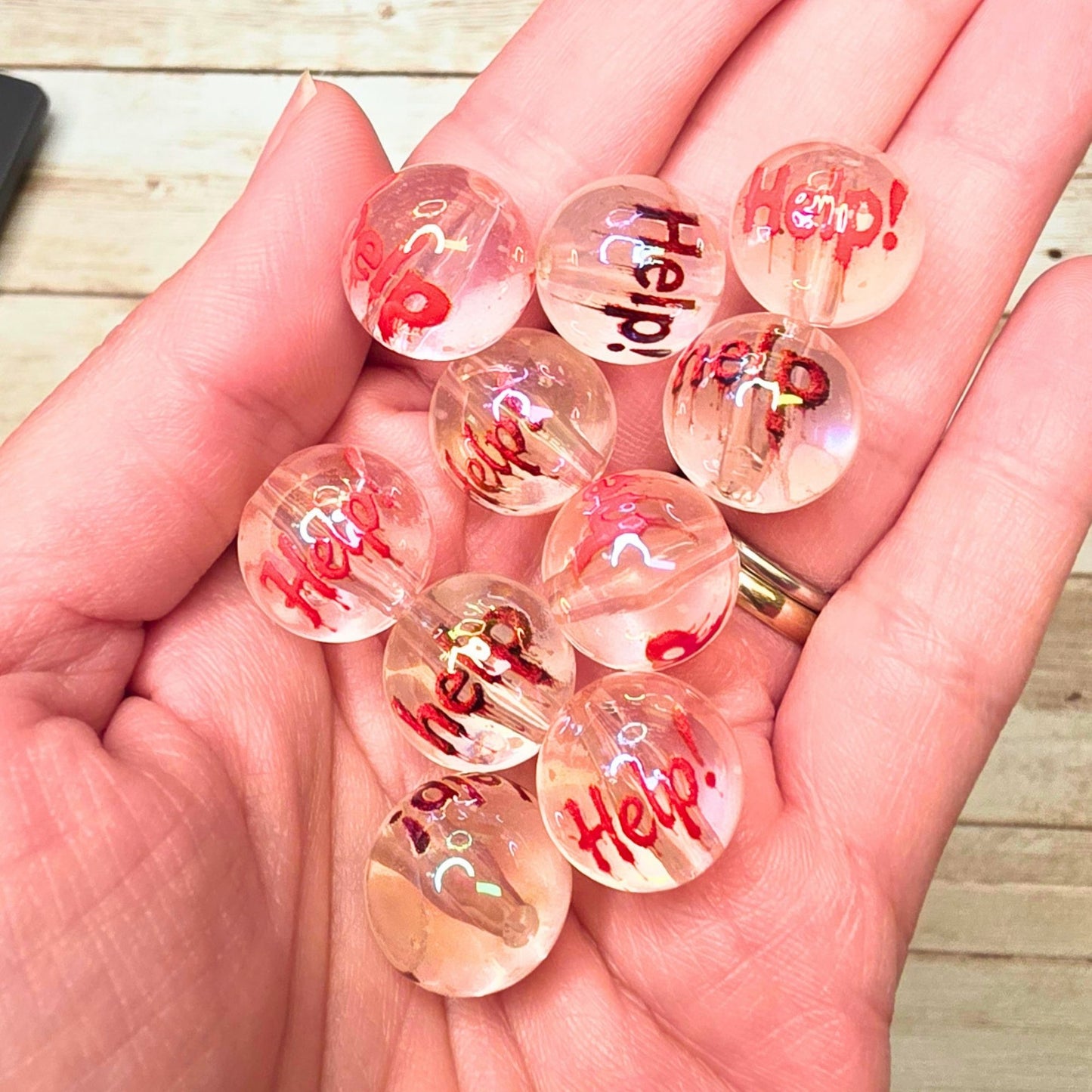 Glow in the Dark HELP Halloween Beads Set of 10 – Spooky Clear Acrylic Beads, Red Dripping Horror Beads, Halloween Craft & Pen Supplies