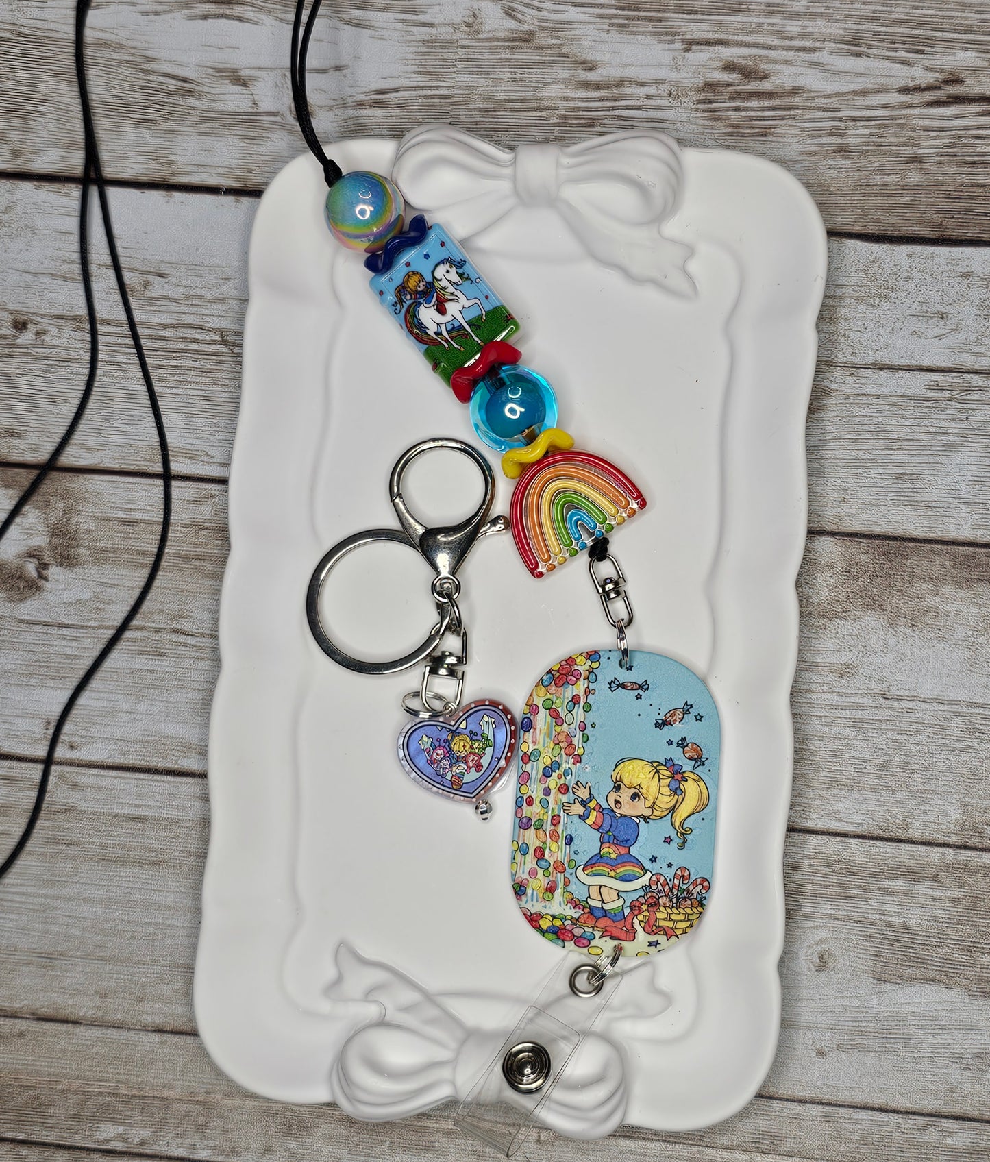 Rainbow Brite Inspired Beaded Lanyard, Retro Cartoon Badge Holder, Kawaii ID Badge Lanyard, Rainbow Keychain, Handmade Office Accessory, 80s Fan Gift