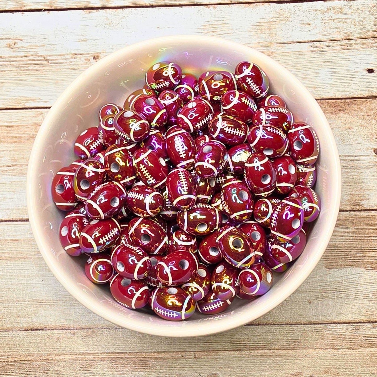 Set of 10 Football Beads – Maroon Iridescent Sports Beads for Beaded Pens, Keychains, Badge Reels & Game Day Crafts