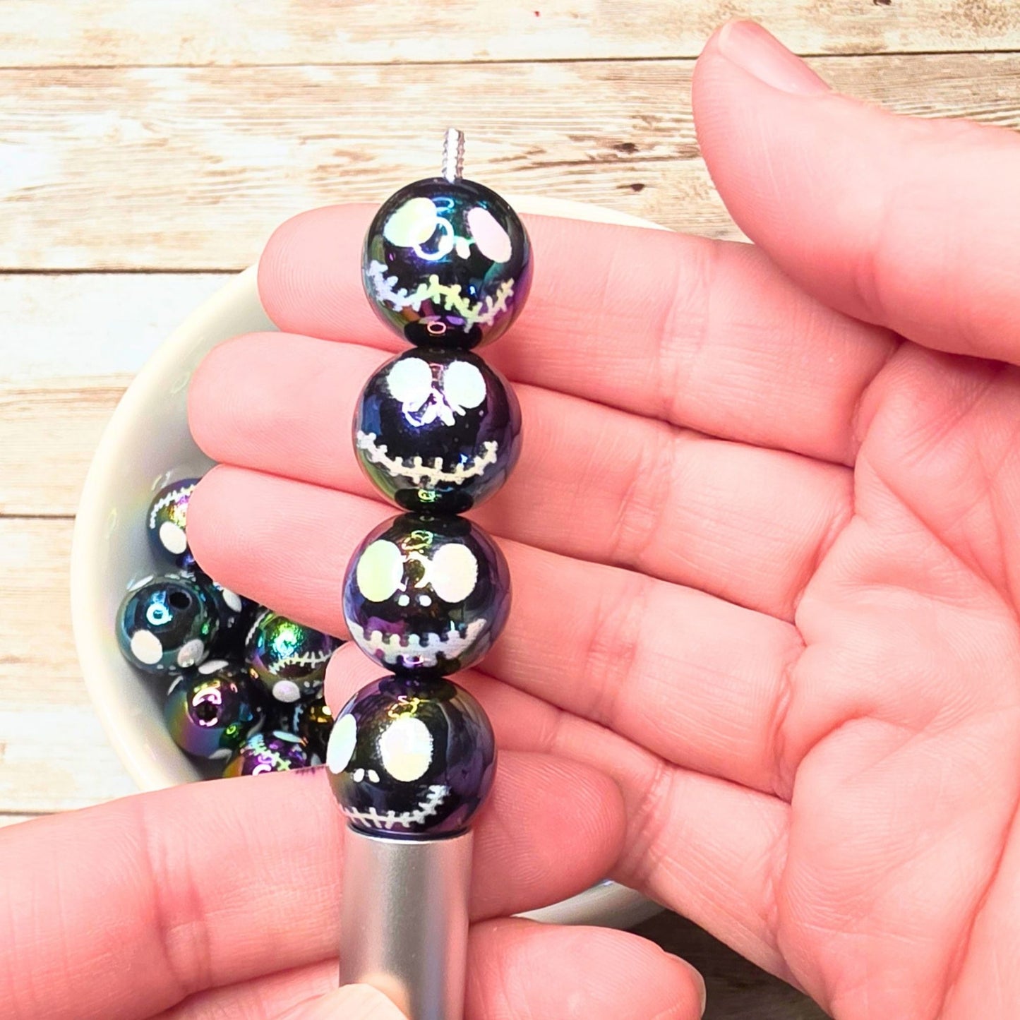 Black Jack Skellington Face Beads 16mm Round – Set of 10 Halloween Skull Beads, Spooky Character Beads for Pens & Crafts