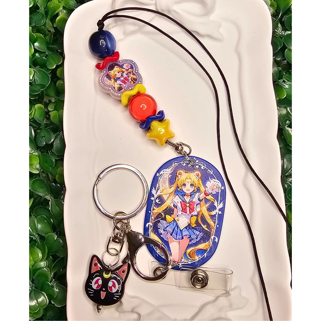 Sailor Moon Inspired Beaded Lanyard, Anime Badge Holder, Kawaii ID Badge Lanyard, Magical Girl Keychain, Handmade Office Accessory, Anime Fan Gift