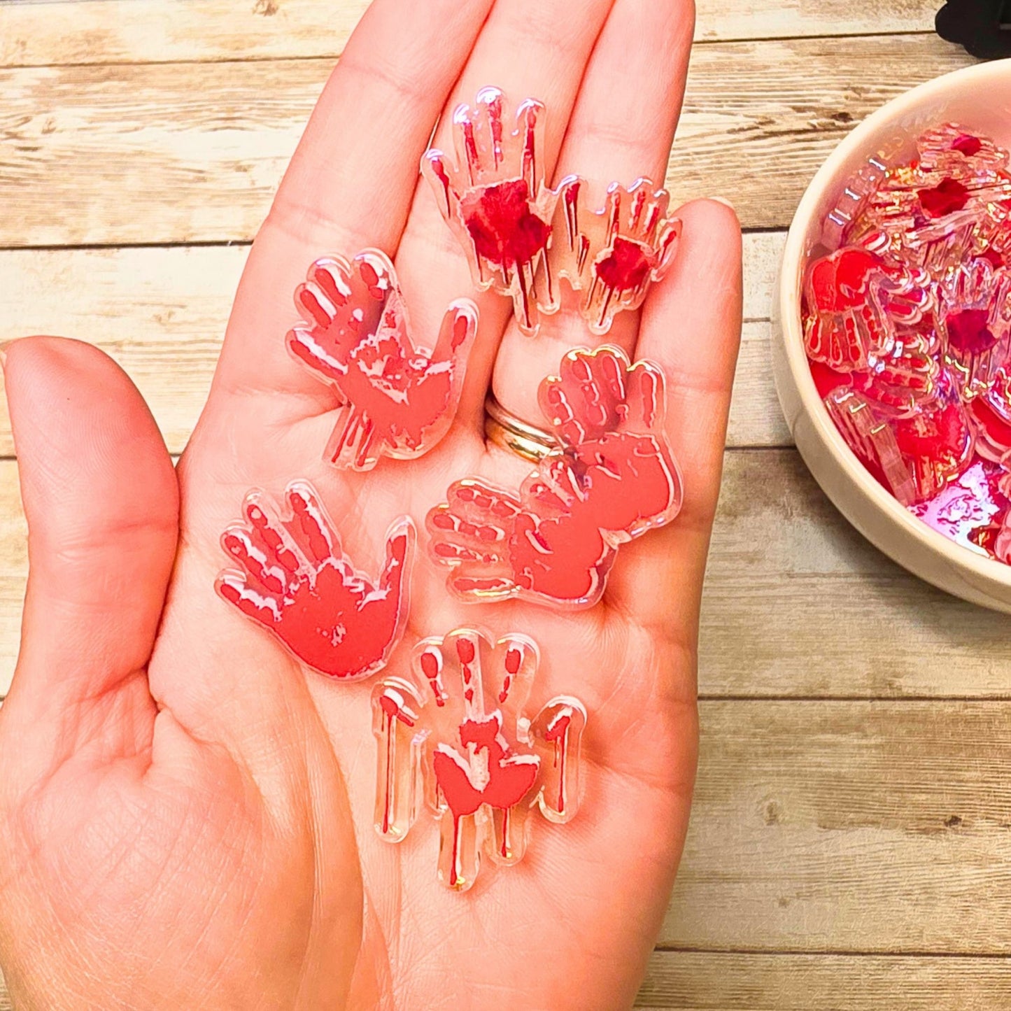 Bloody Handprint Acrylic Focal Beads Set of 10 – Horror Halloween Beads, Red Blood Hand Focal Beads, Spooky Beads for Pens, Keychains & Crafts