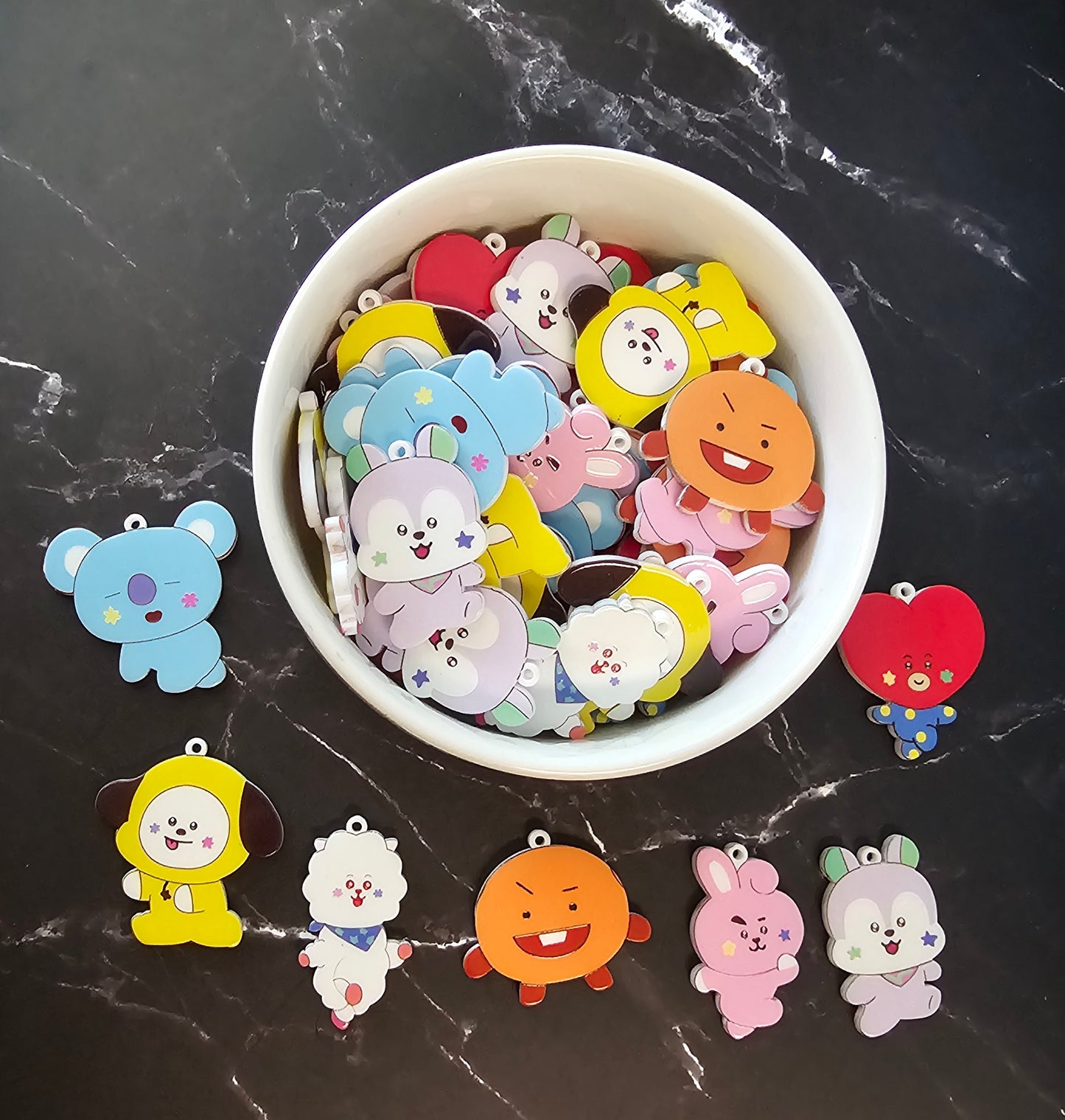 40-Piece BT21 Inspired Charm Lot | Kawaii Acrylic Character Charms | Bulk Craft Supplies for Concert Freebies, Keychains, Badge Reels, Bag Charms & DIY Jewelry