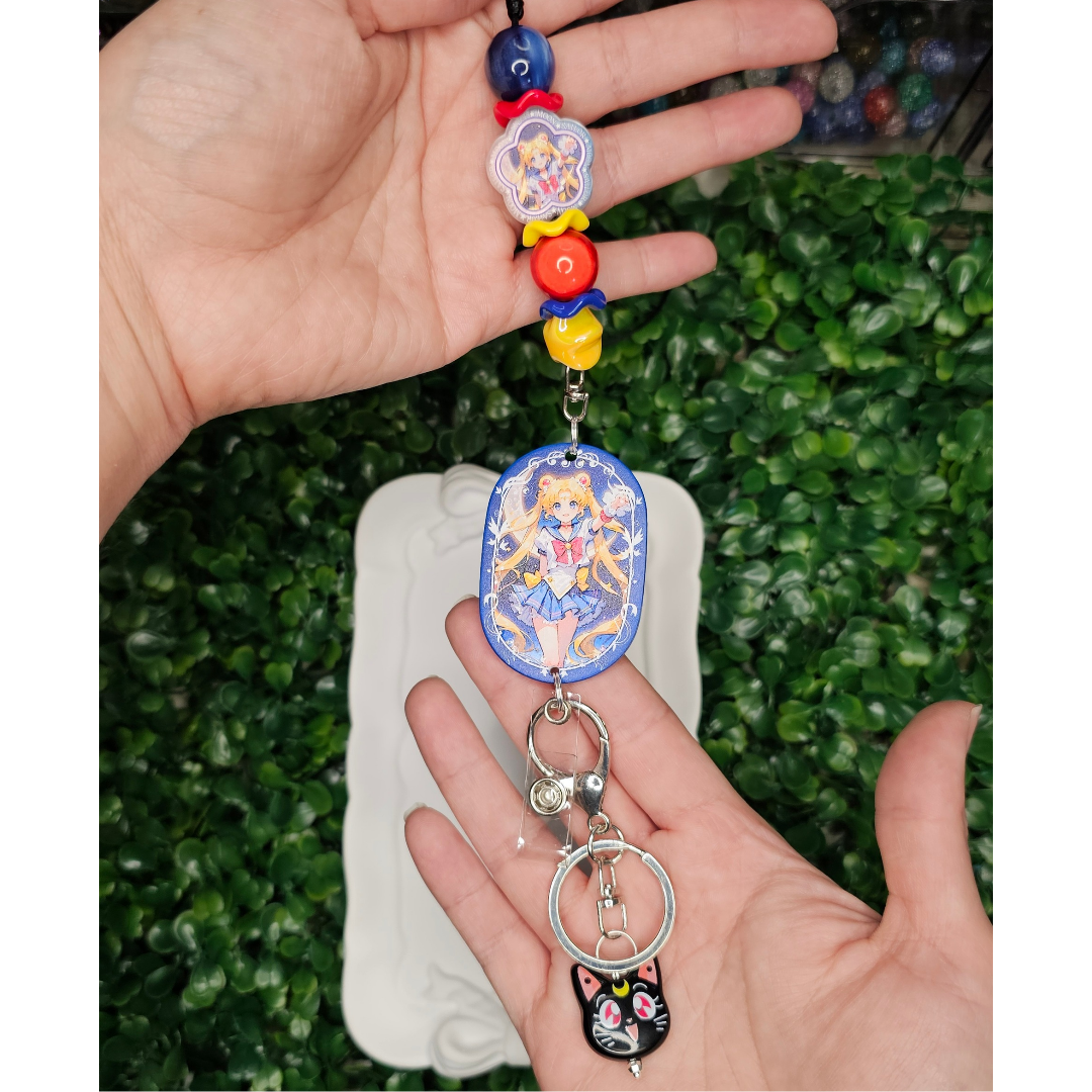 Sailor Moon Inspired Beaded Lanyard, Anime Badge Holder, Kawaii ID Badge Lanyard, Magical Girl Keychain, Handmade Office Accessory, Anime Fan Gift