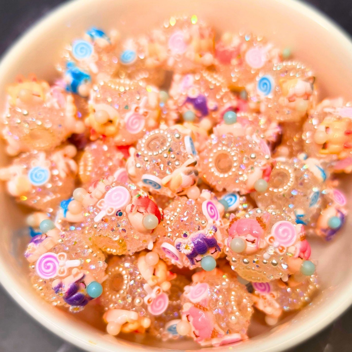 Set of 3 Nanci Fancy Beads – Kawaii Sugar Rhinestone Character Beads, Pastel Candy Focal Beads for Pens, Keychains & DIY Crafts