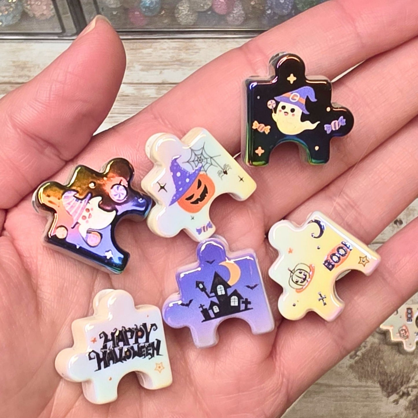 Halloween Puzzle Piece Beads – Set of 10 | Ghost Pumpkin Haunted House Beads | Spooky Acrylic Focal Beads | Halloween Craft Supplies
