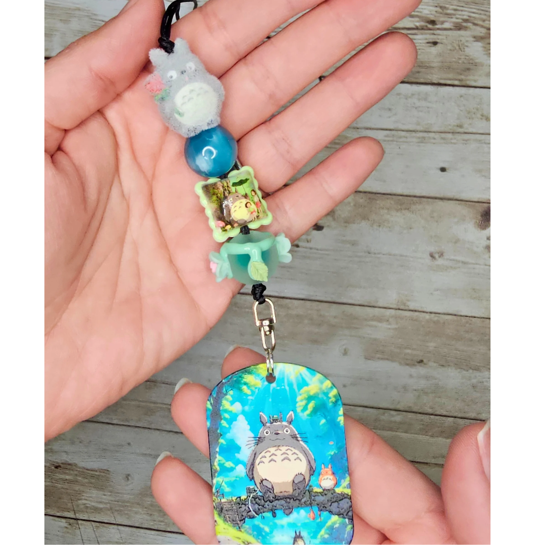 Totoro Inspired Beaded Lanyard, Anime Badge Holder, Kawaii ID Badge Lanyard, Forest Spirit Keychain, Handmade Office Accessory, Studio Ghibli Inspired Gift