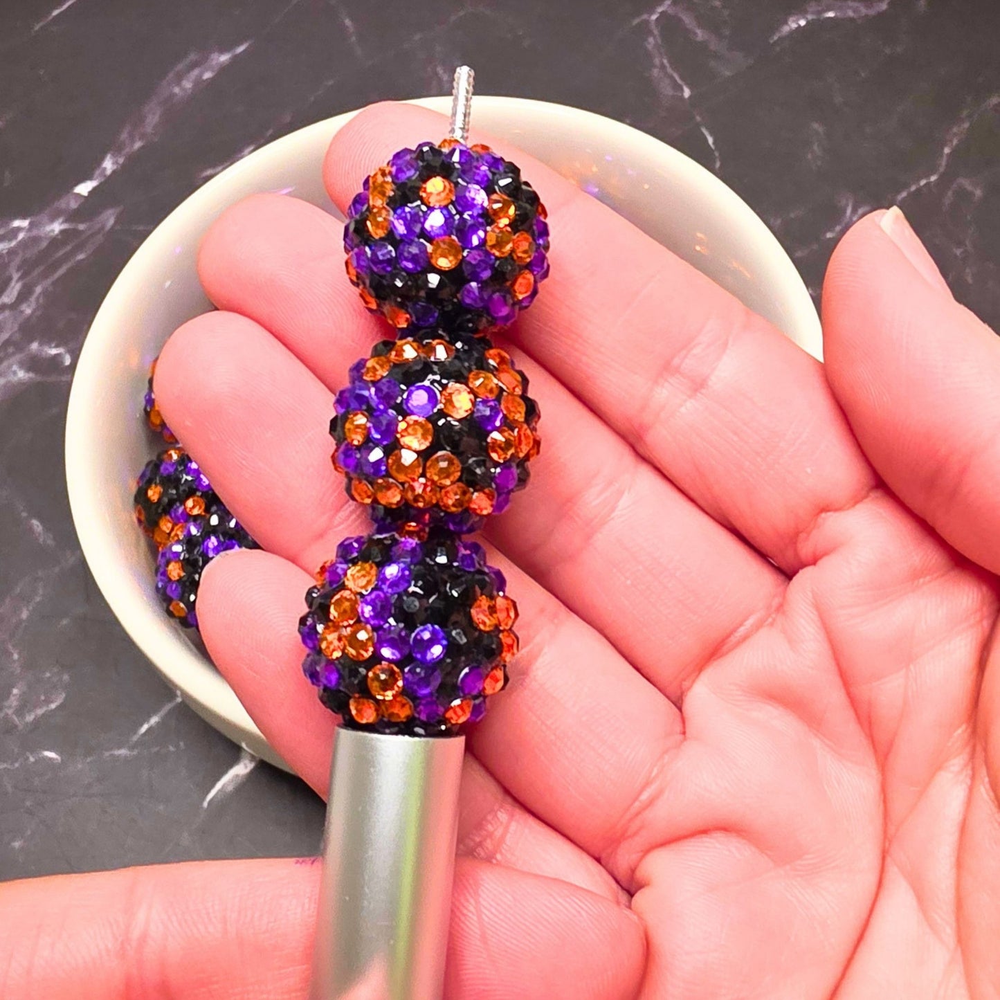 20mm Halloween Rhinestone Beads – Orange Purple & Black Bling Beads – Sparkly Halloween Beads for Pens & Crafts – Set of 5