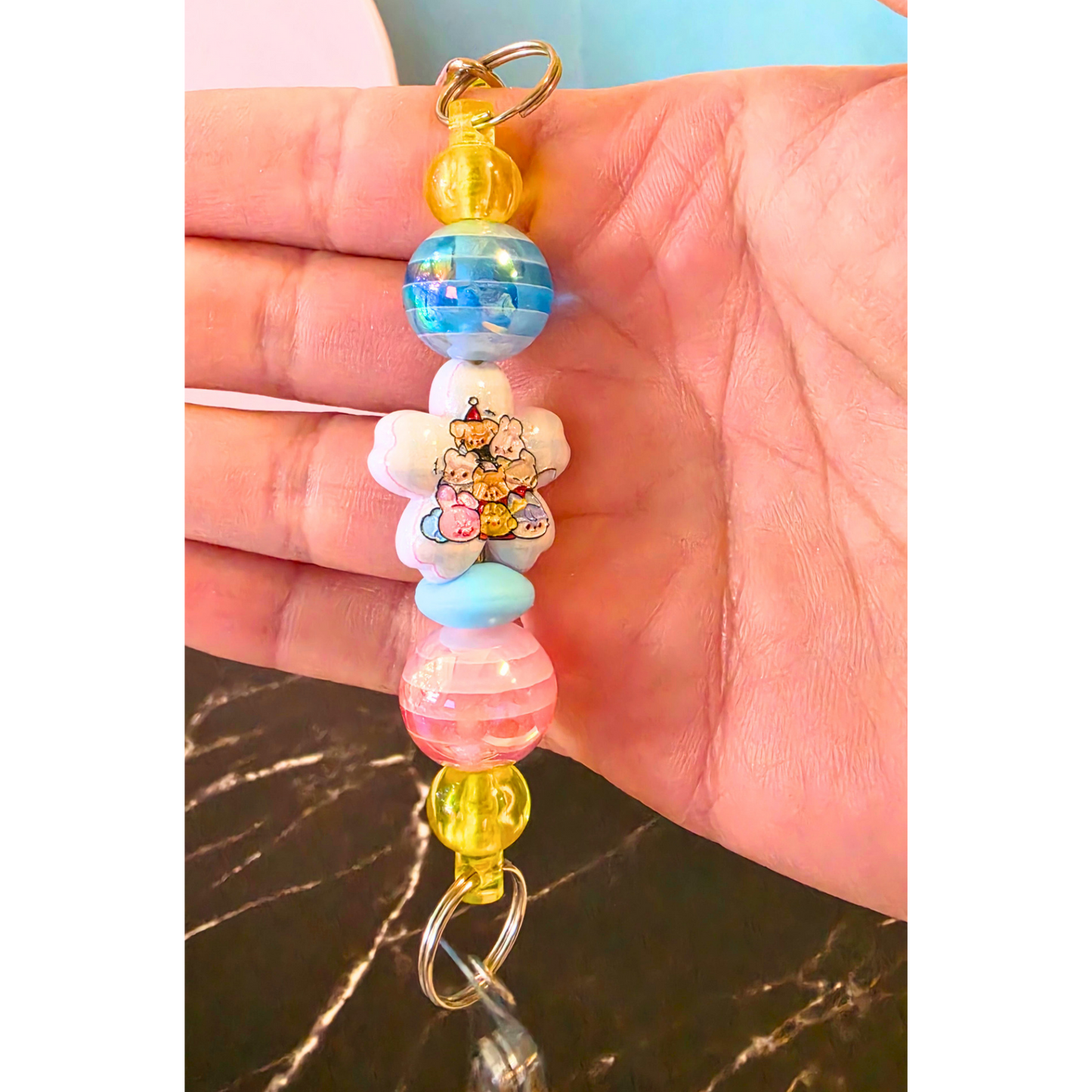 Yellow SKZOO Beaded Badge Reel with Shaker Acrylic Flatback | Stray Kids Inspired Kpop Badge Holder | Cute Kawaii Retractable ID Reel