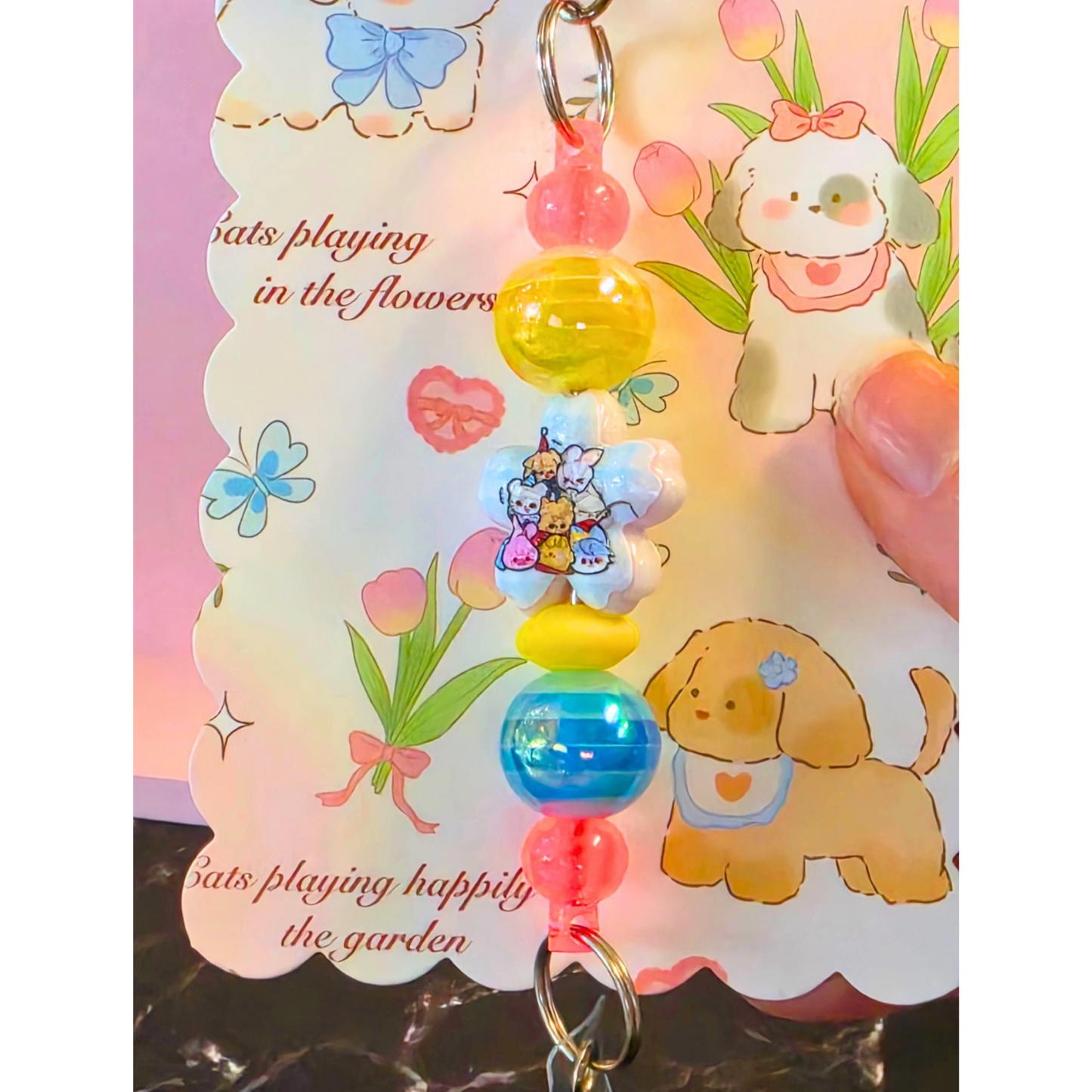 Blue SKZOO Beaded Badge Reel with Shaker Acrylic Flatback | Stray Kids Inspired Kpop Badge Holder | Cute Kawaii Retractable ID Reel