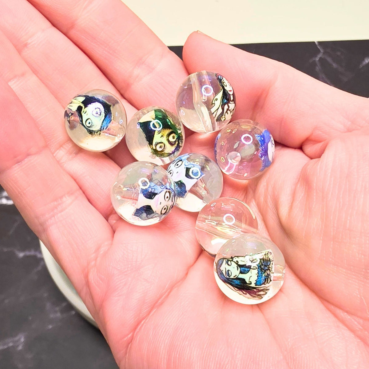 Corpse Bride Beads 16mm – Set of 10 | Transparent Round Acrylic Beads | Gothic Halloween Beads | Spooky Character Craft Supplies