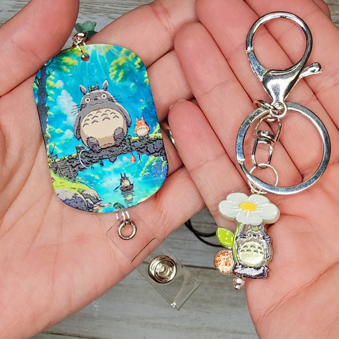 Totoro Inspired Beaded Lanyard, Anime Badge Holder, Kawaii ID Badge Lanyard, Forest Spirit Keychain, Handmade Office Accessory, Studio Ghibli Inspired Gift